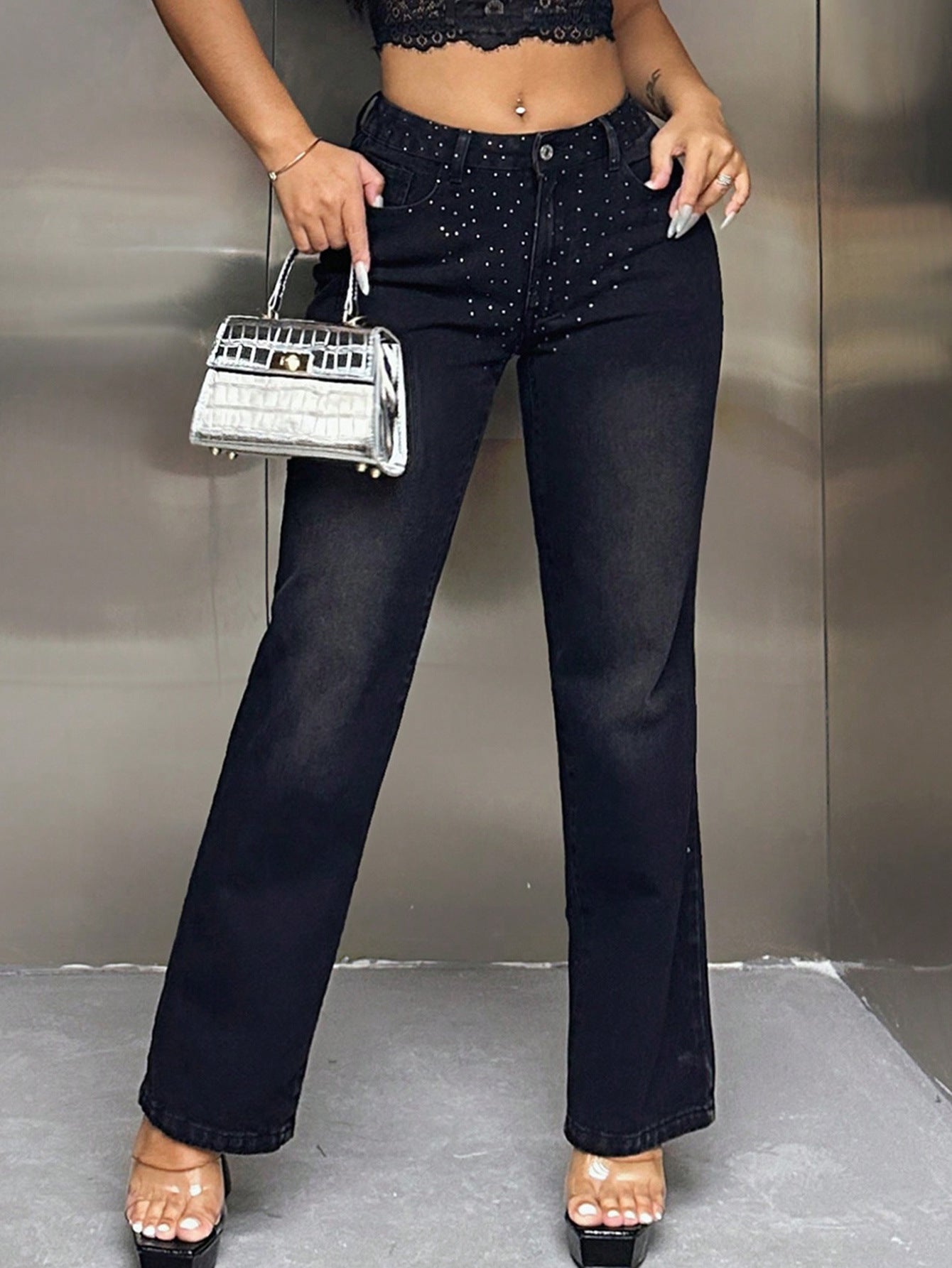 Rhinestone Drilling High Waist Denim Straight Leg Trousers