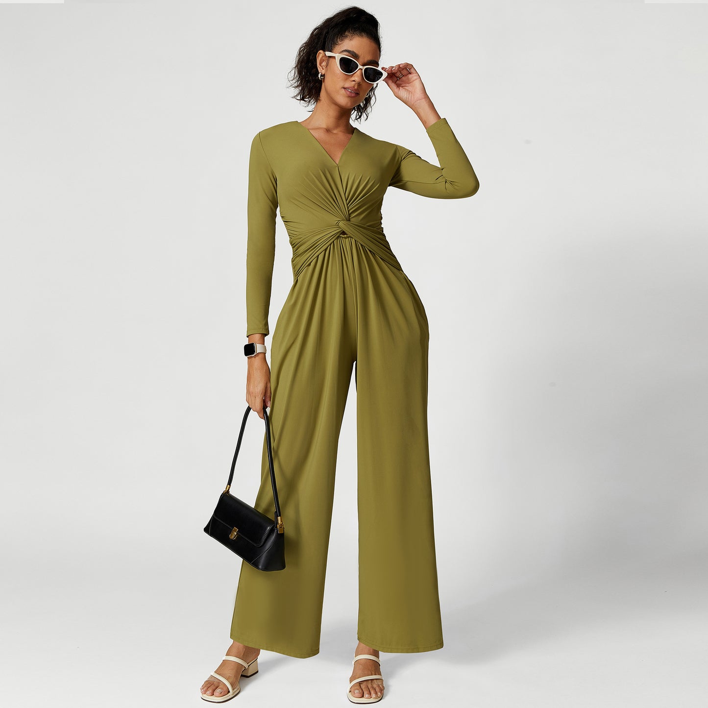 Sexy V Neck Pleated Design High Slit Yoga Jumpsuit Women