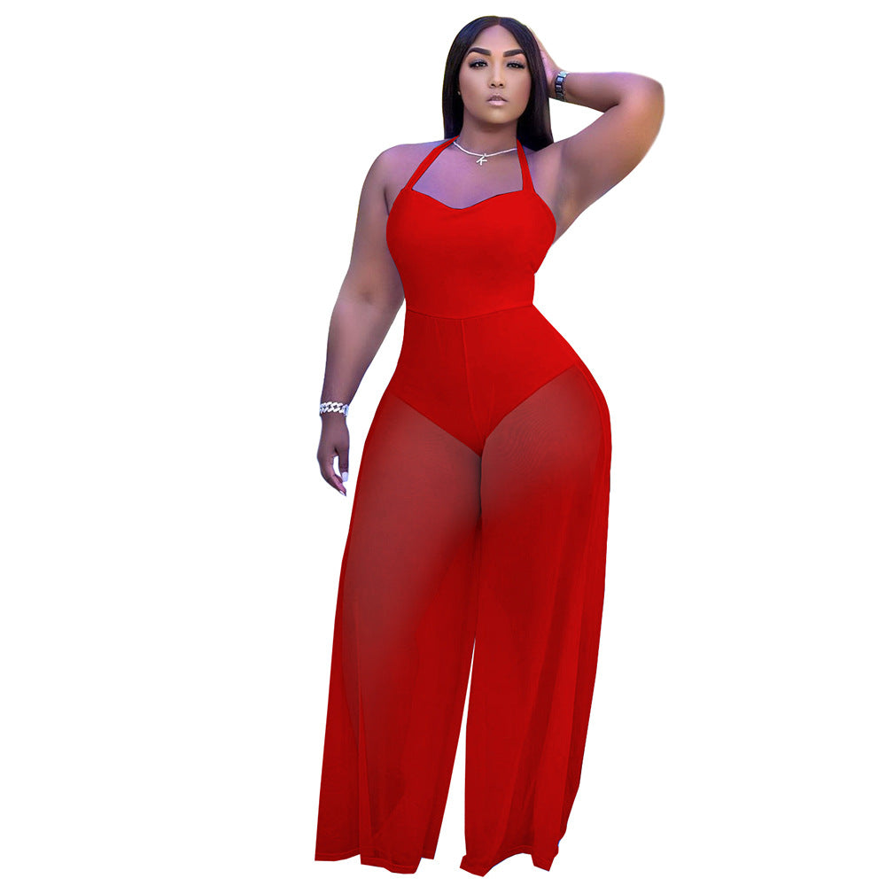 Women Clothing Solid Color Double Sided Fabric Stitching Strap Halter Jumpsuit Woman Loose