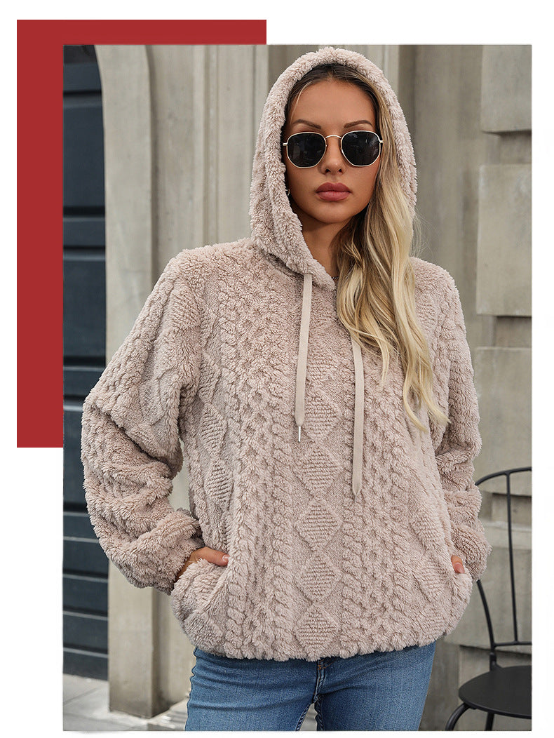 Plush Jacquard Fabric Long Sleeve Loose Hooded Pullover Sweater - Shop One Place