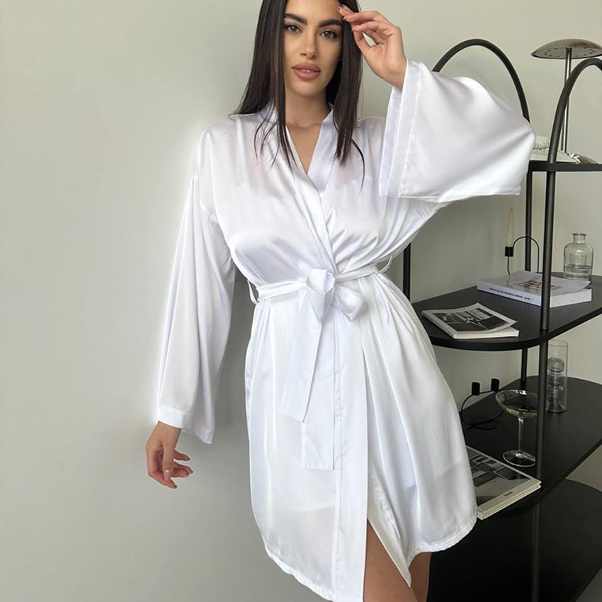 Silk like Three Piece Long Sleeve Nightgown Underwear Shorts Ladies Pajamas