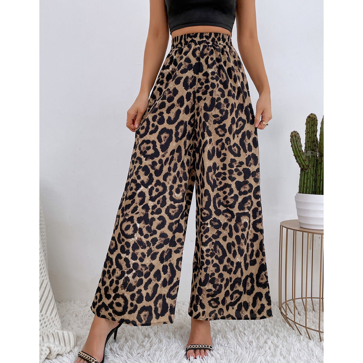 Leopard Print Casual Elastic Waist Wide Leg Trousers