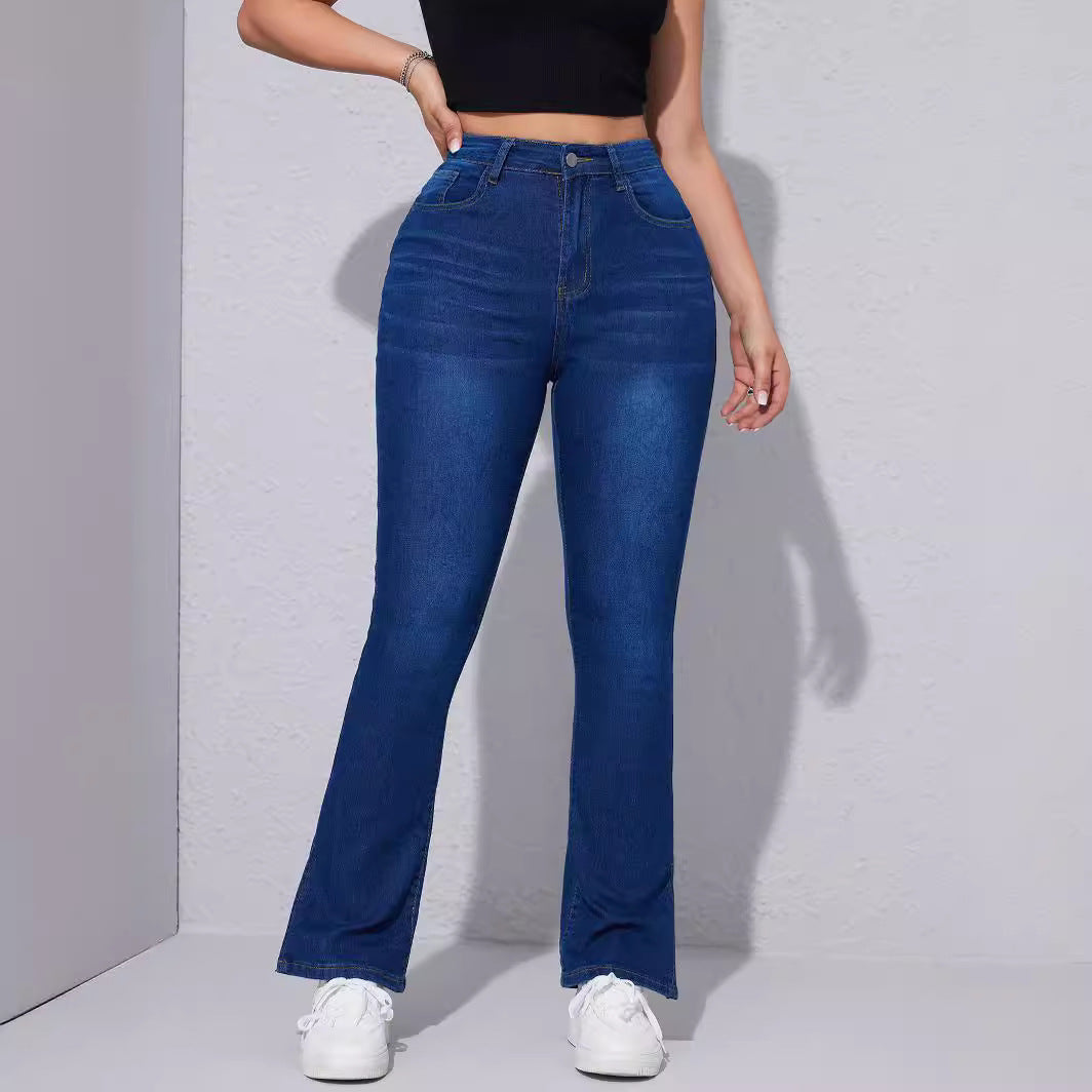 High Waist Stretch Foot Slit Slim Jeans