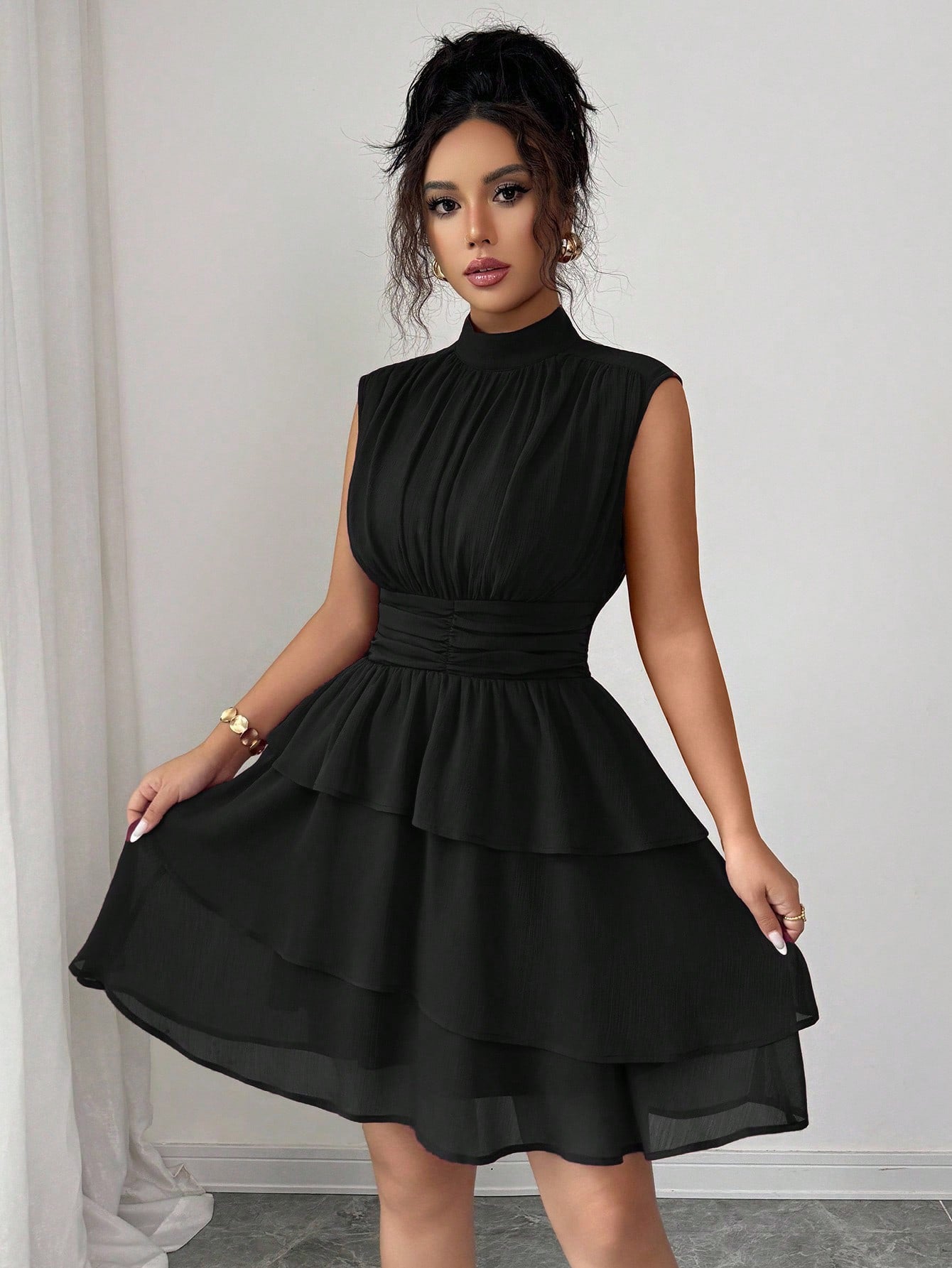 Casual Half Turtleneck Sleeveless Waist Solid Color Cake Layer Short Dress  Shop One Place