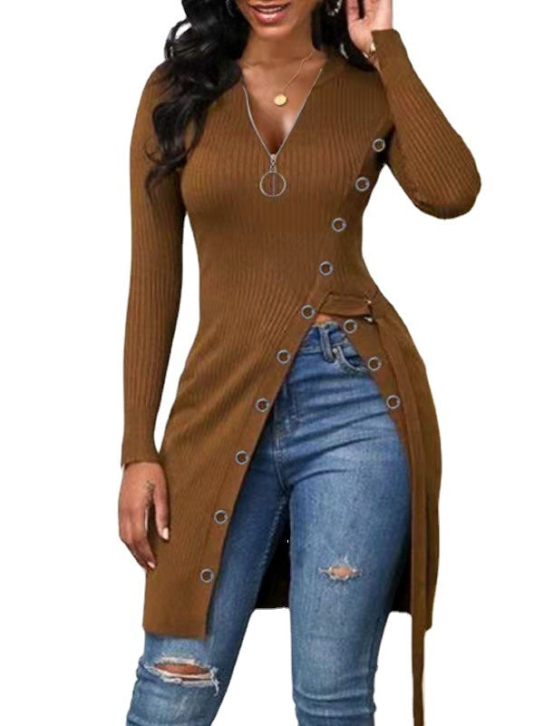 Autumn Winter Women Clothing V-neck Long Sleeve High Slit Thread Zipper T-shirt Top  Shop One Place