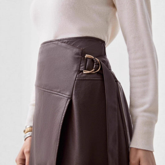 Faux Leather Asymmetric Midi Skirt with Belt