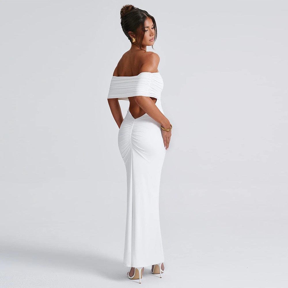 Sexy off Shoulder Backless Bag Hip Pleated Dress