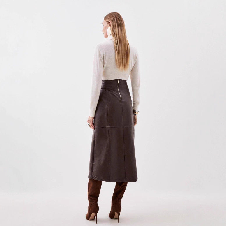Faux Leather Asymmetric Midi Skirt with Belt