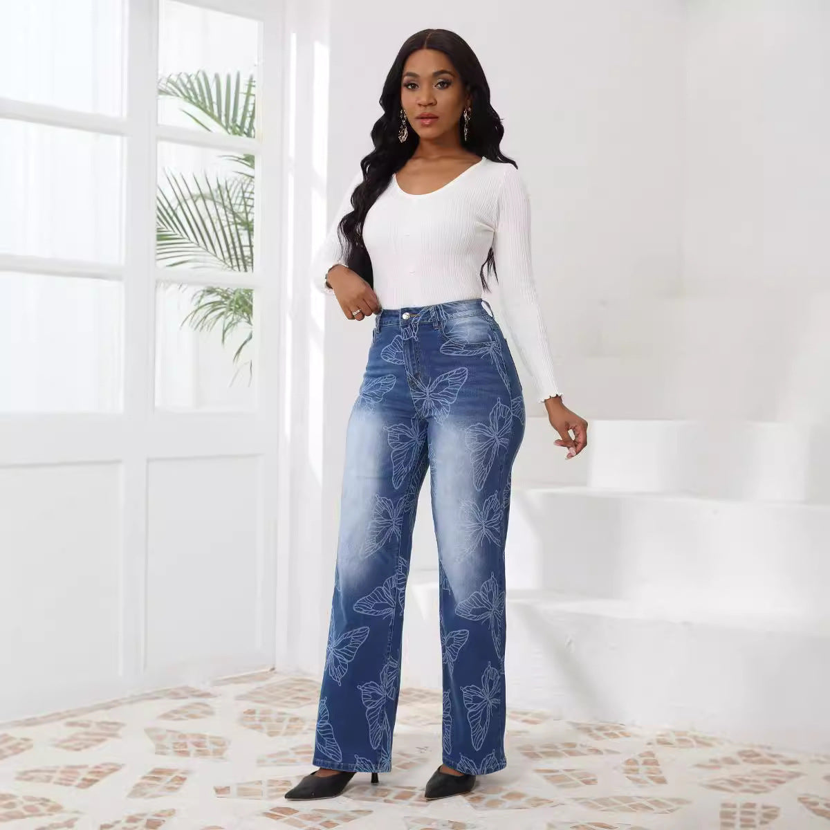 Jacquard Wide Leg Straight Jeans