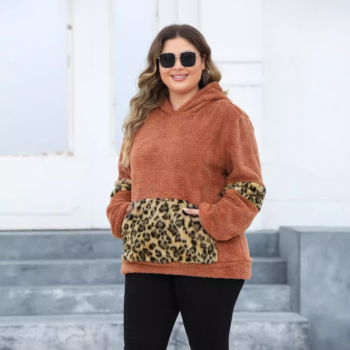 Plus Size Women Hooded Leopard Pocket Fleece Sweatshirt  Shop One Place