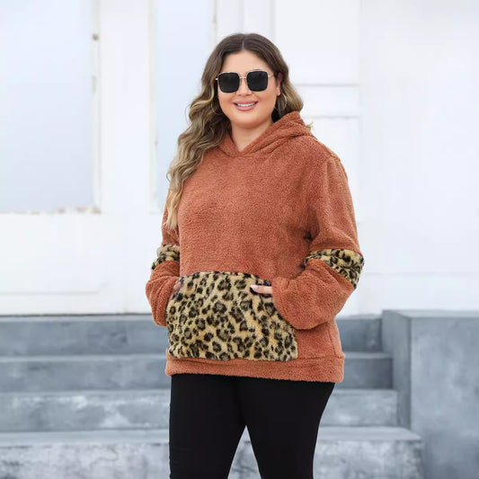 Plus Size Women Hooded Leopard Pocket Fleece Sweatshirt  Shop One Place