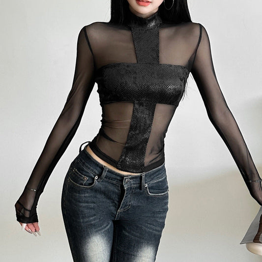 Mesh See through round Neck Slim Fit Top  Shop One Place