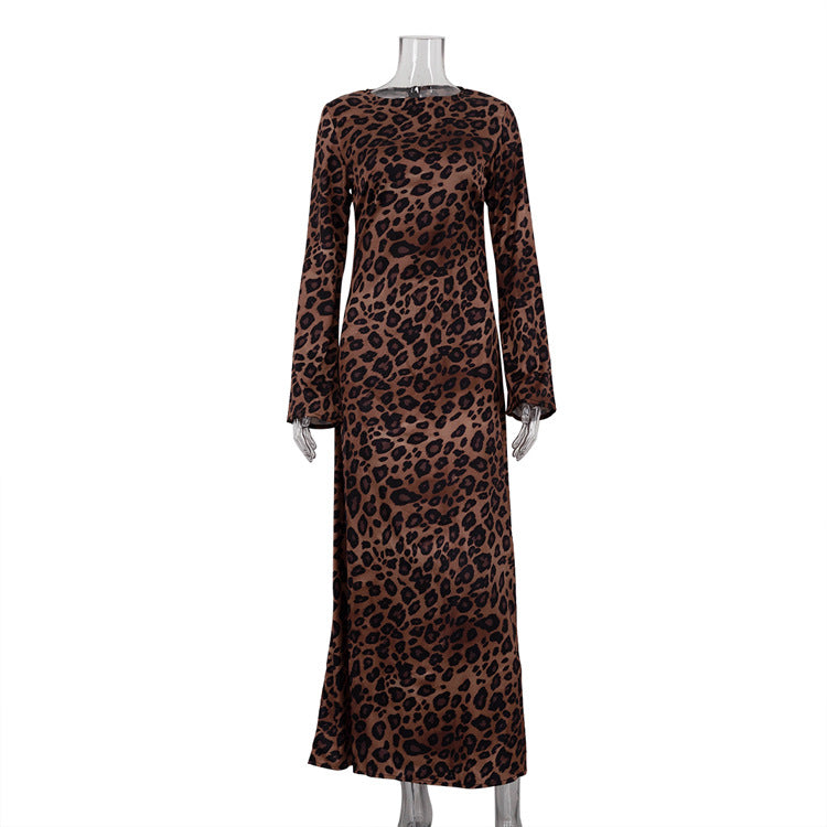 Round Neck Long Leopard Print High Waist Slim Fit Dress