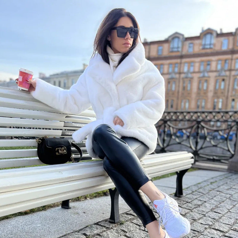 Luxe Belted Imitation Rabbit Fur Coat  Shop One Place