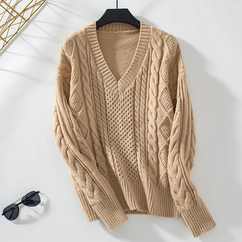 V Neck Pullover Vintage Twisted Pattern Sweater