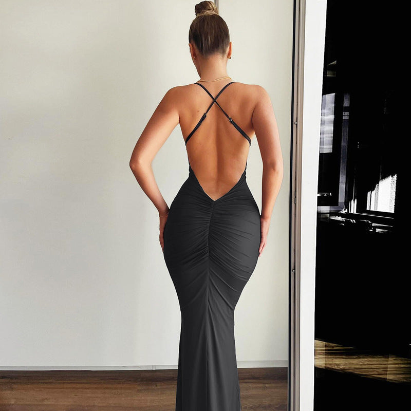 Summer Solid Color Fishtail Backless Spaghetti Straps Dress