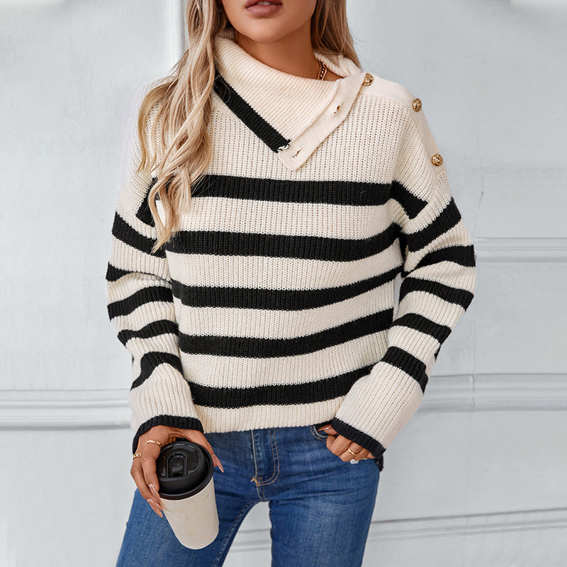 Striped Collared Pullover Casual Button Sweater