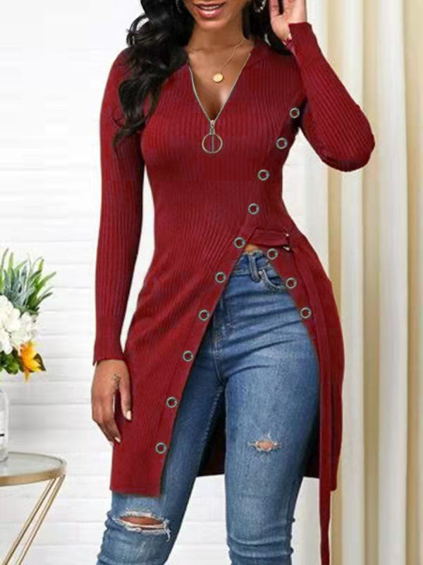 Autumn Winter Women Clothing V-neck Long Sleeve High Slit Thread Zipper T-shirt Top  Shop One Place