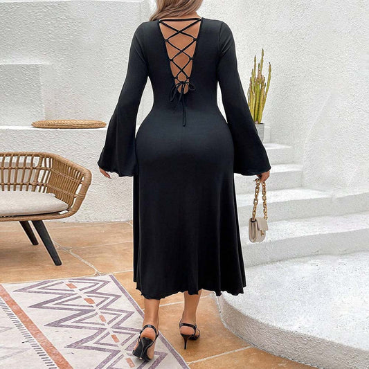 Plus Size Backless Lace up Waist Tight Slimming Midi Dress