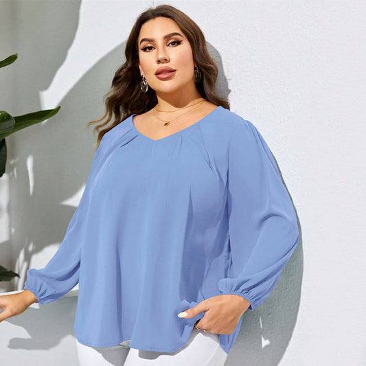 Plus Size Women Clothes Autumn Winter V neck Loose Casual Puff Sleeve Shirt Women Top