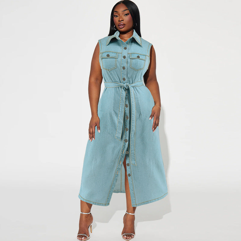 Plus Size Collared Sleeveless Denim Long Dress