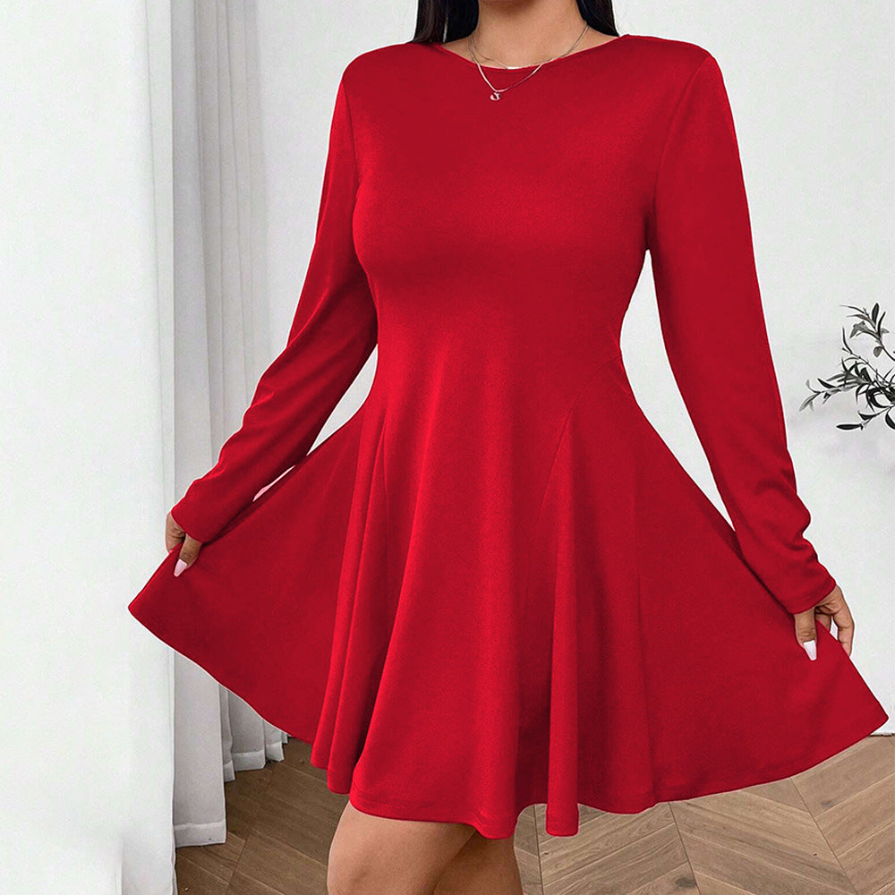 Plus Size Simple Red High Waist Slim Fit Midi Dress