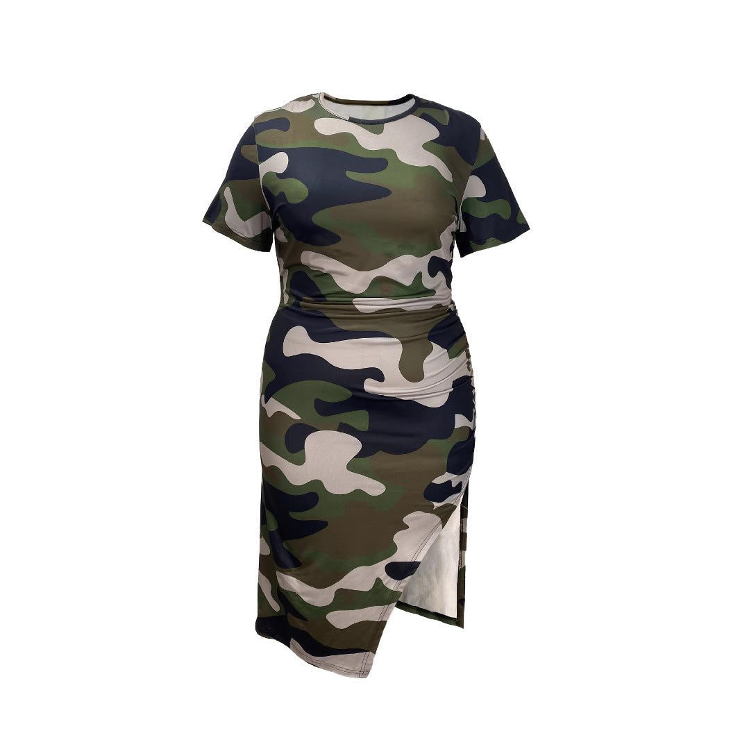 Plus Size Camouflage Printed round Neck Side Pleated High Slit Shoulder Sleeve Dress  Shop One Place