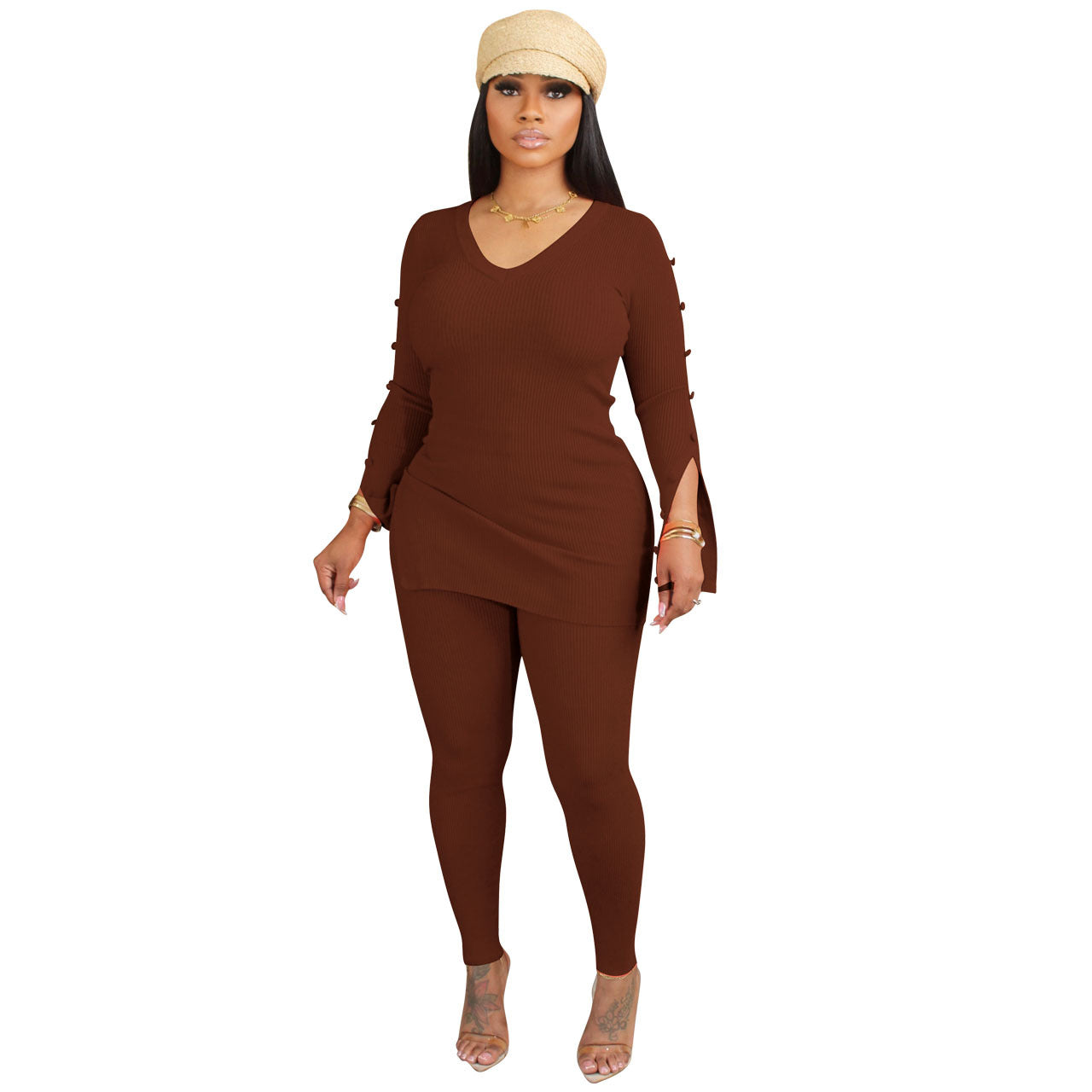 Women's Casual V Neck Thread Two Piece Women