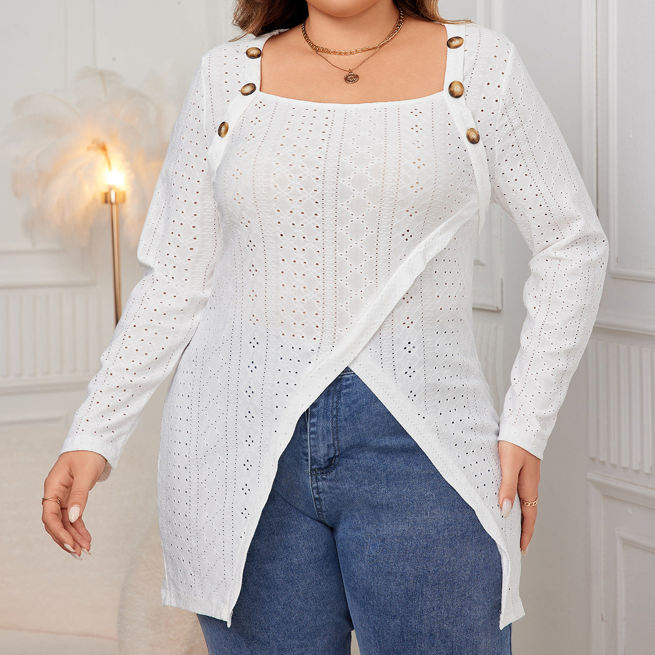 Plus Size White Long Sleeve Square Neck Asymmetric Hem Loose Shirt