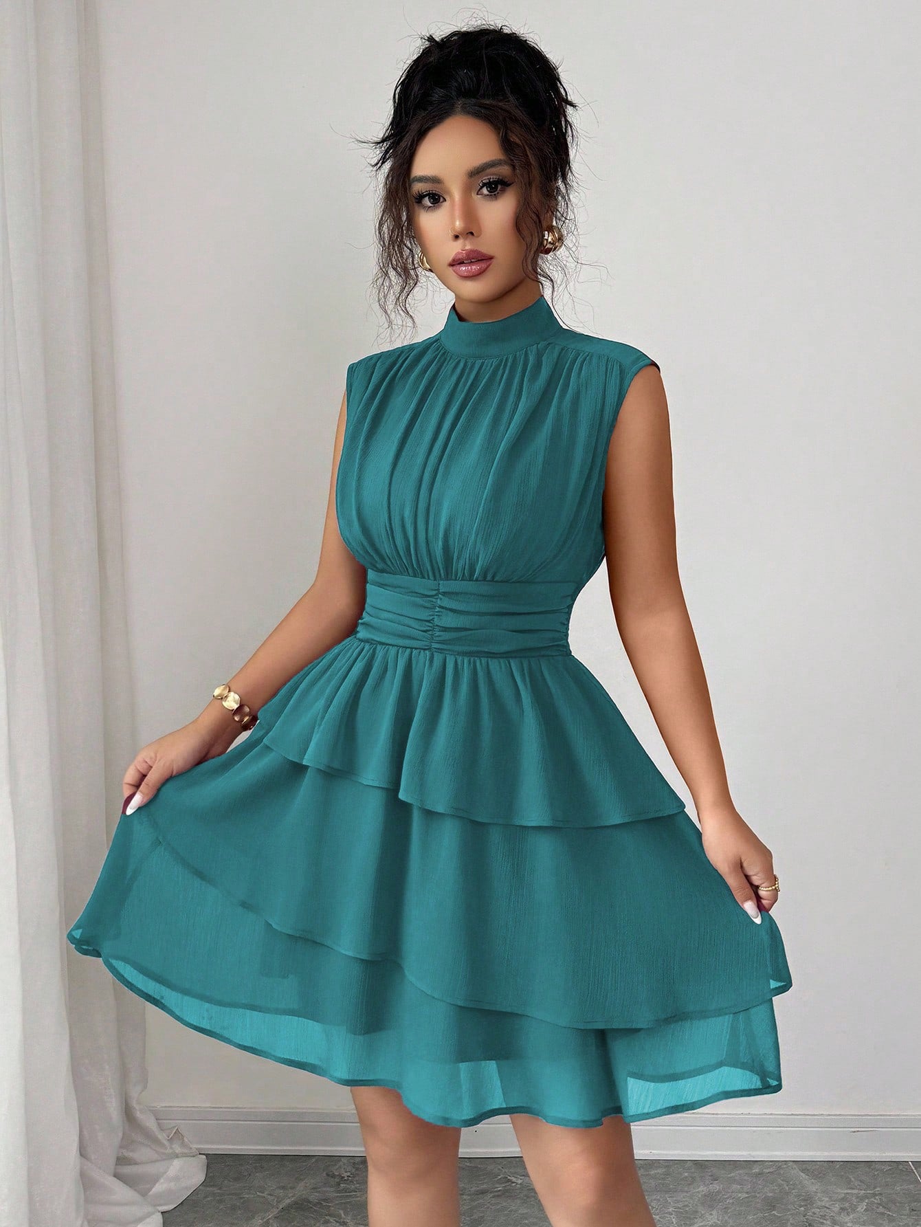 Casual Half Turtleneck Sleeveless Waist Solid Color Cake Layer Short Dress  Shop One Place