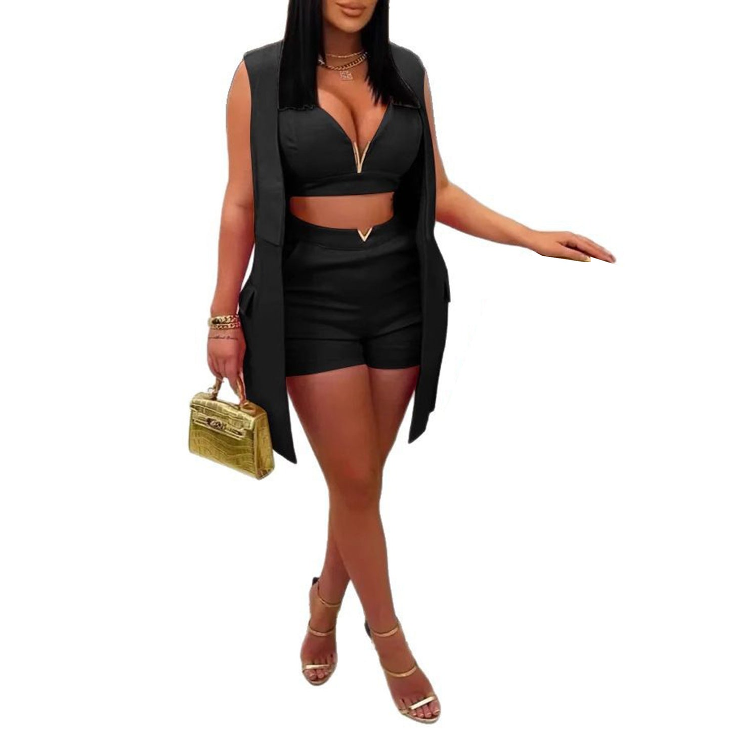 Women’s 3-Piece Short Set – Vest and Collared Cardigan  Shop One Place