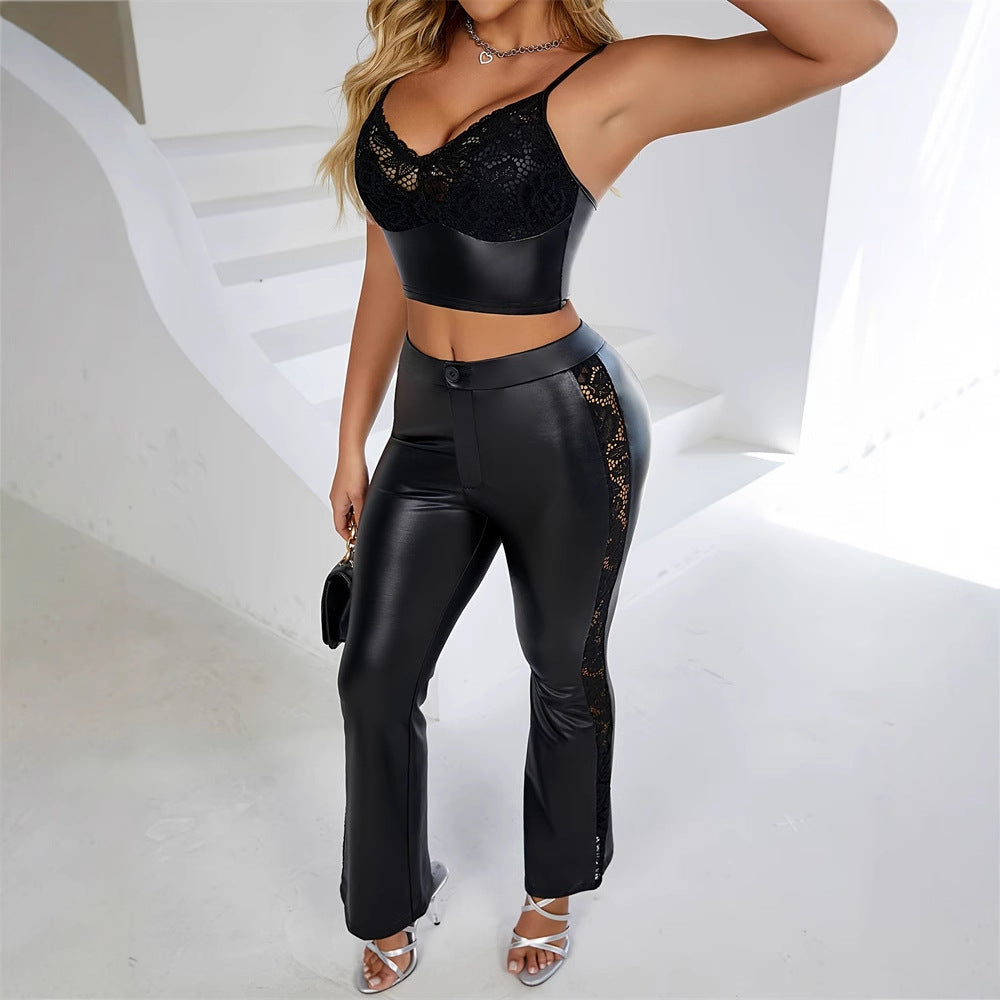 Low Cut Stitching Lace Faux Leather Slim Fit Stretch Trousers Two Piece Set  Shop One Place
