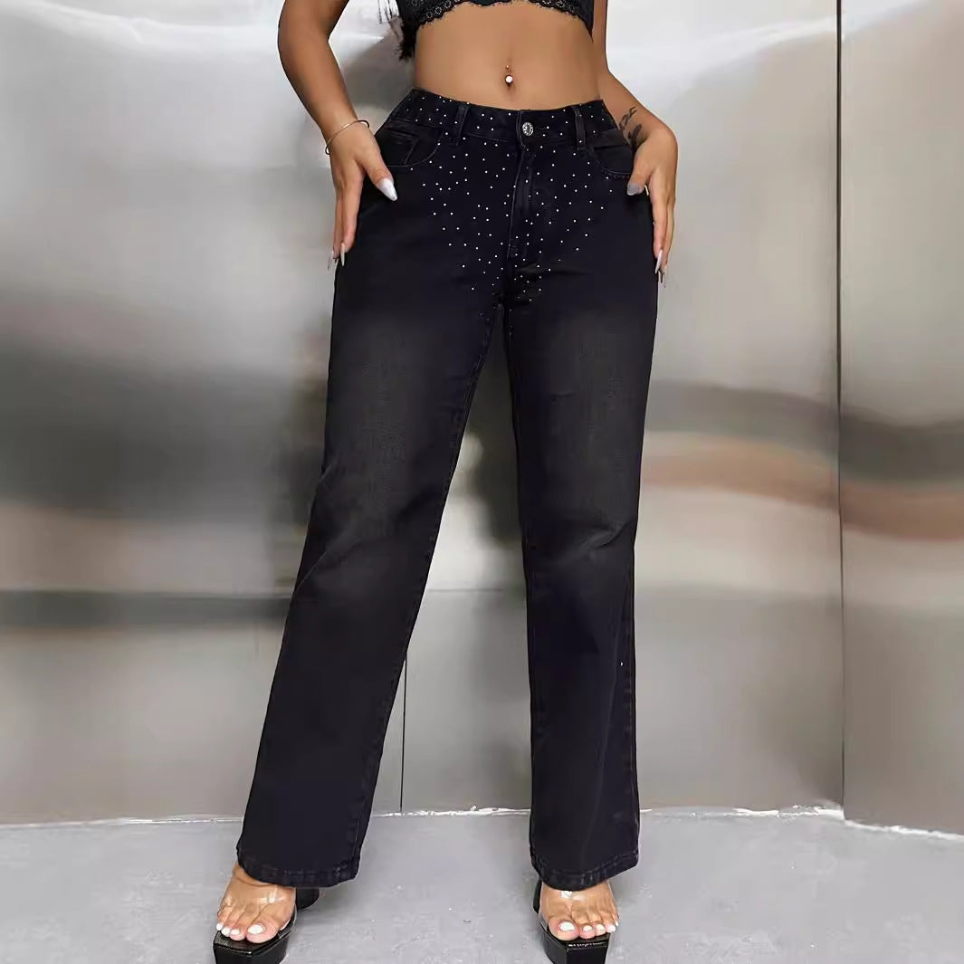 Rhinestone Drilling High Waist Denim Straight Leg Trousers