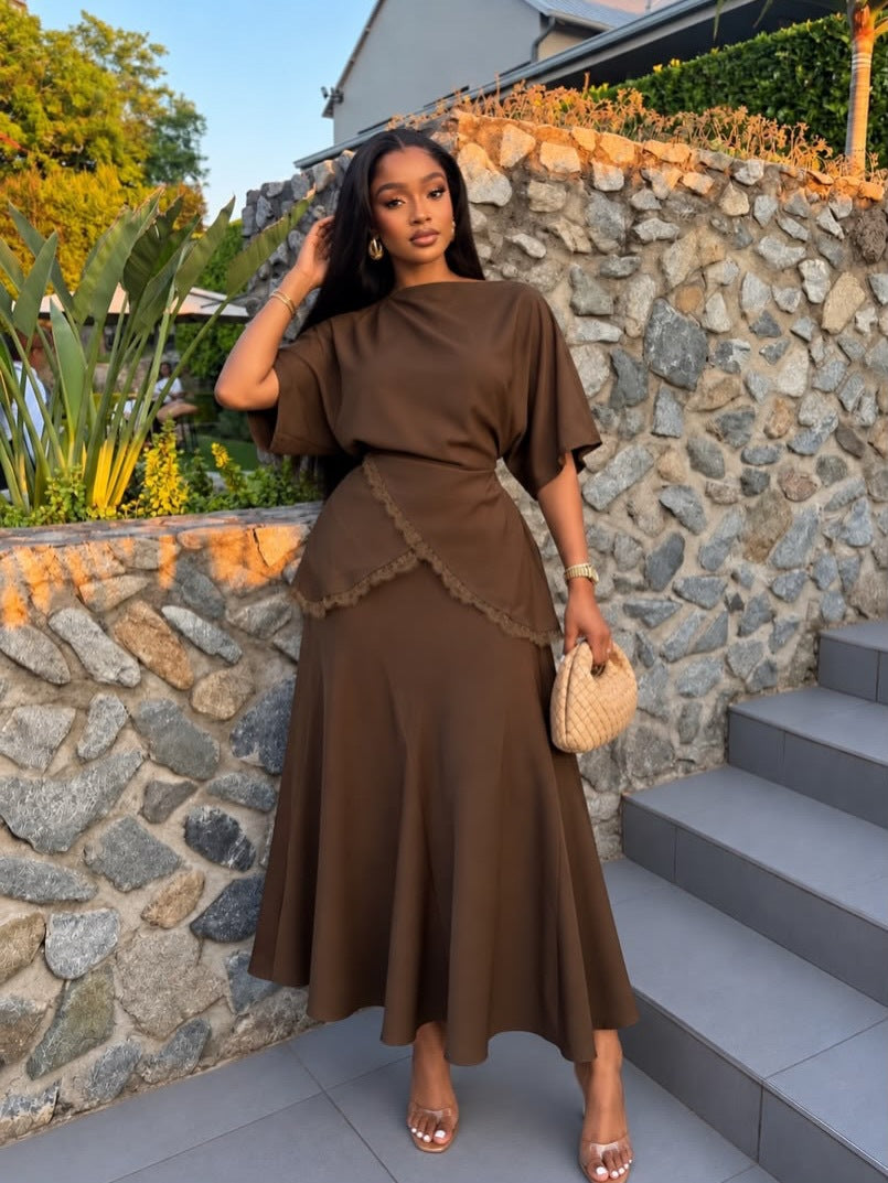 Women's Lace Trim Top & High Waist Midi Skirt Set – view 4