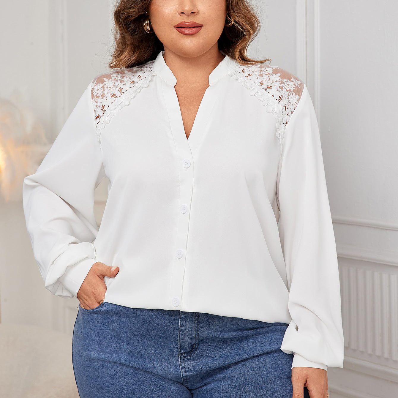 V Neck Lace Stitching Long Sleeve White Shirt