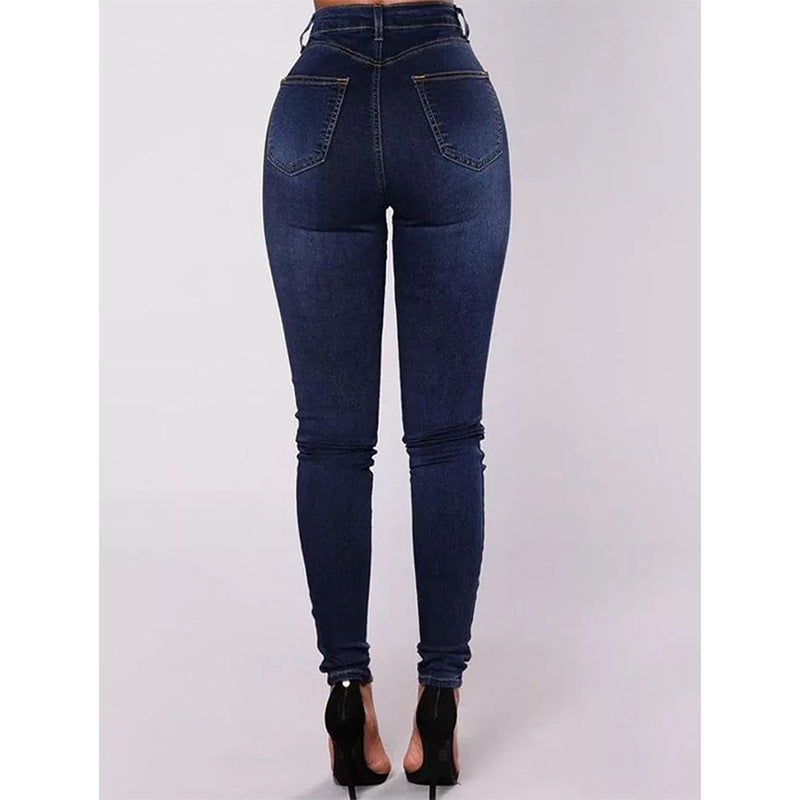 High Waist Double Row Multi Button Slim Stretch Jeans