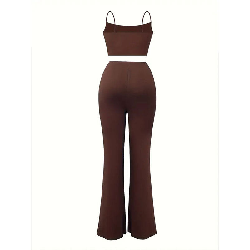 Coffee Two-Piece Set – Ruched Crop Top & Flared Pants  Shop One Place