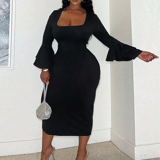 Plus Size Sexy Elegant Square Collar Ruffle Sleeve Slim Midi Dress