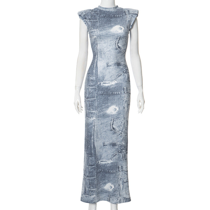 Women's Round Neck Sleeveless Denim Printing Slim High Waist Length Dress