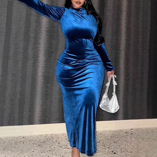 Plus Size Western Sheath Zipper Slit Long Sleeve Velvet Dress