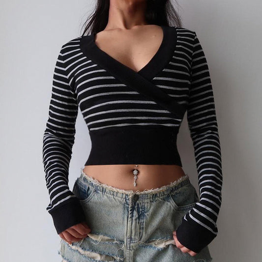 Street Striped V-neck Cross Stitching Long Sleeves Cropped T shirt  Shop One Place