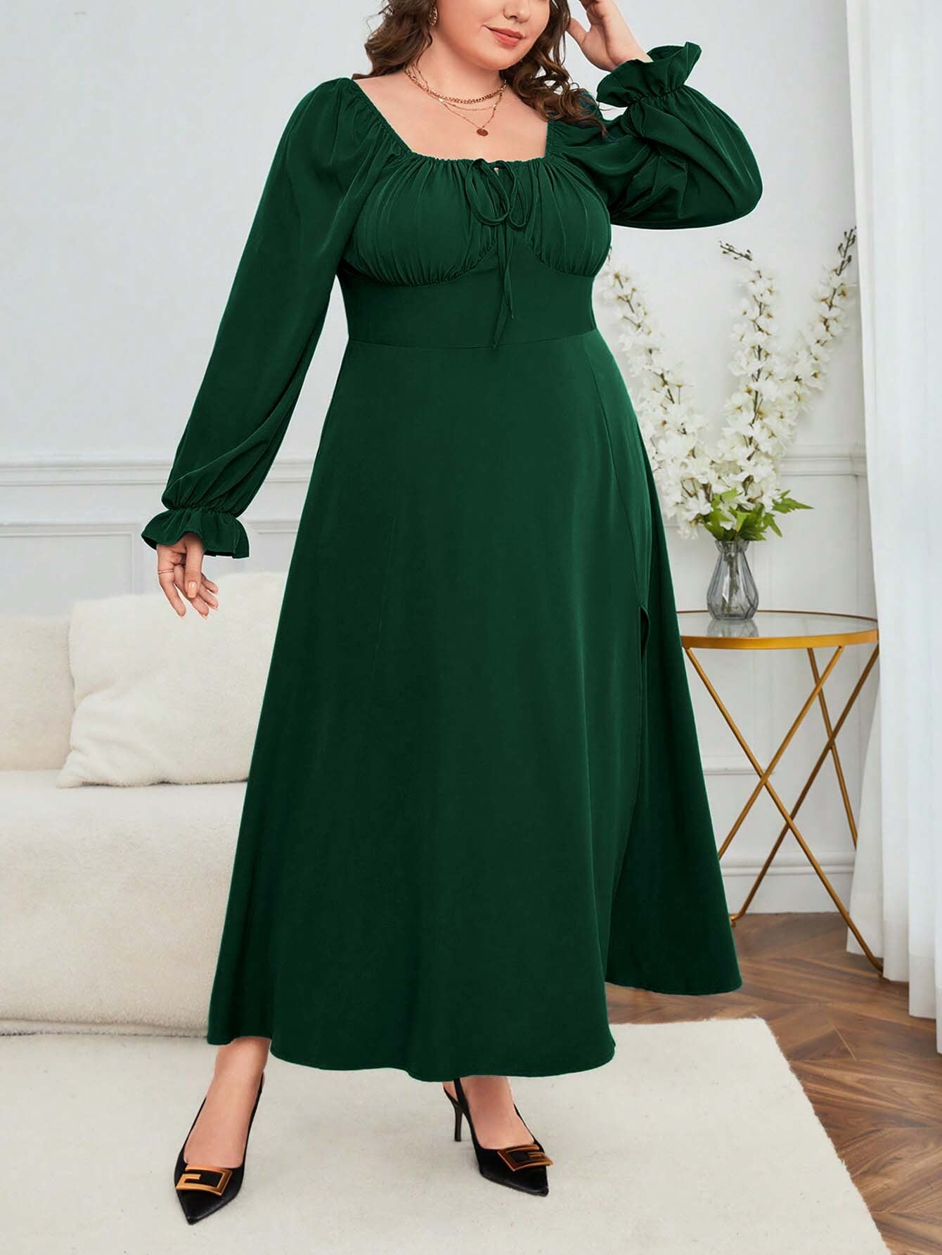 Plus Size French Elegant High Waist Slit Square Collar Midi Dress