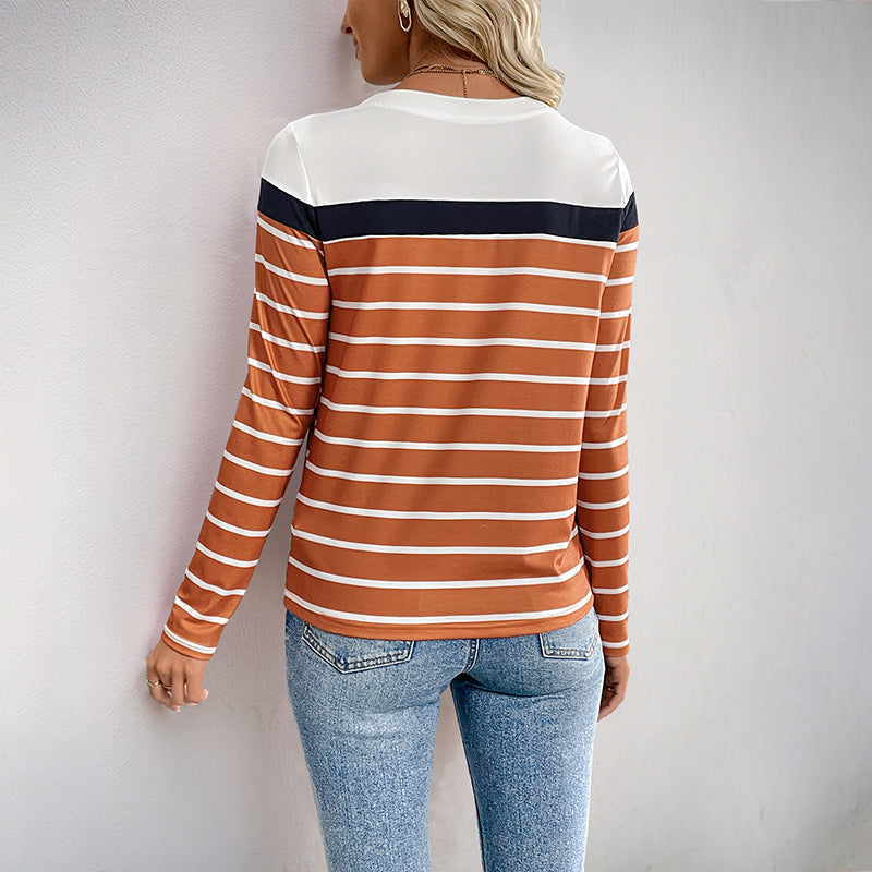 Casual Long Sleeve round Neck Striped T shirt  Shop One Place