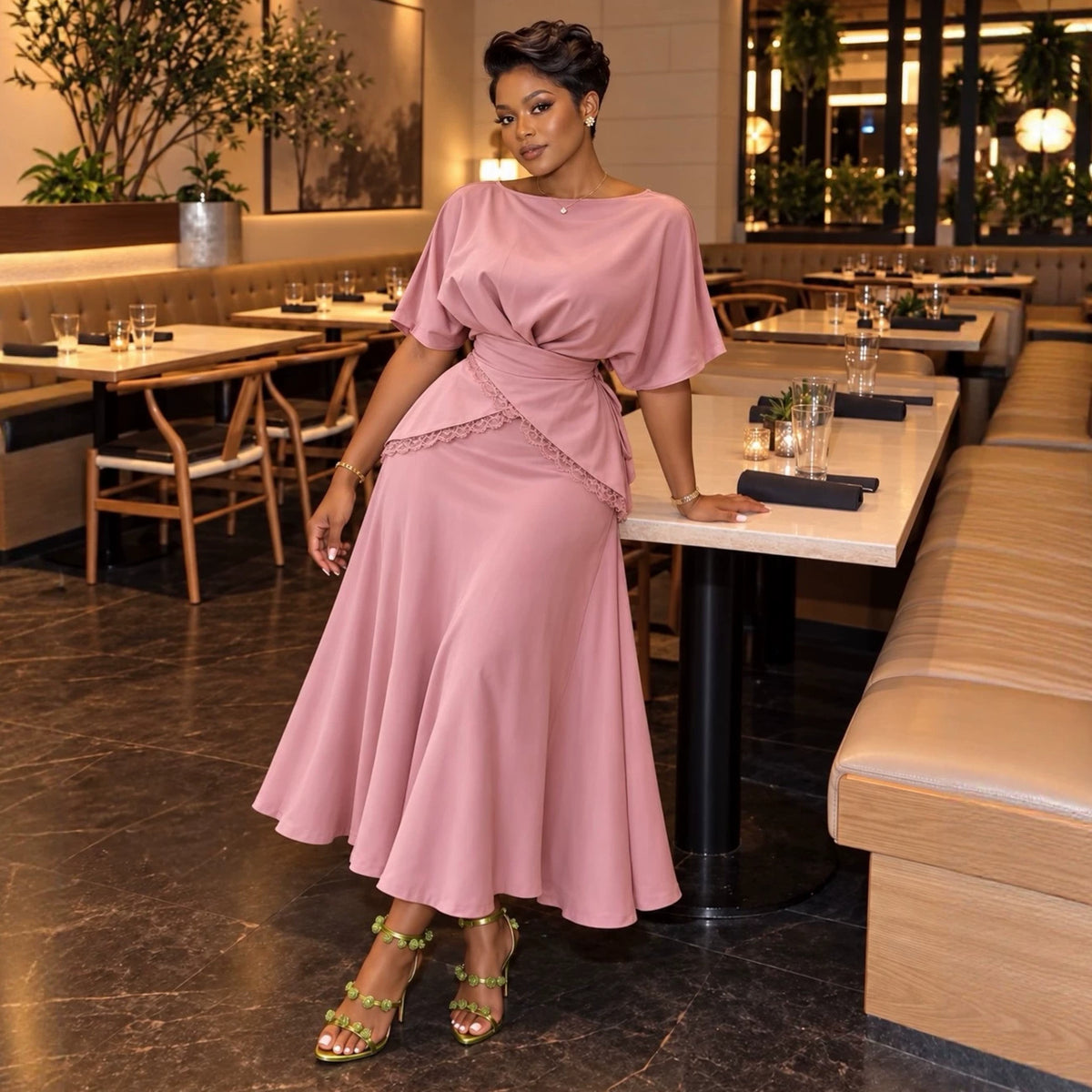 Women's Lace Trim Top & High Waist Midi Skirt Set – view 5