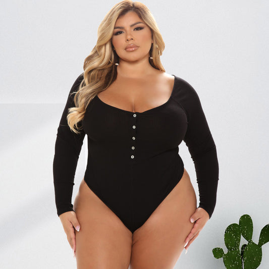 Plus Size U Collar Breasted Long Sleeve Jumpsuit  Shop One Place