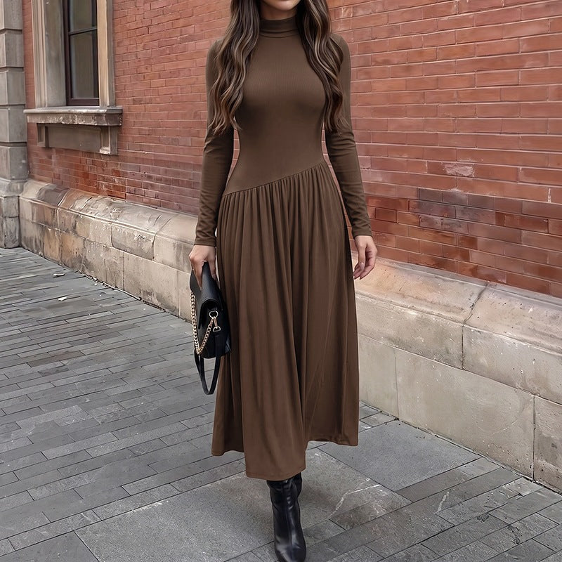 Casual Laid Back Solid Color Half Collar Stitching Long Sleeve Dress  Shop One Place