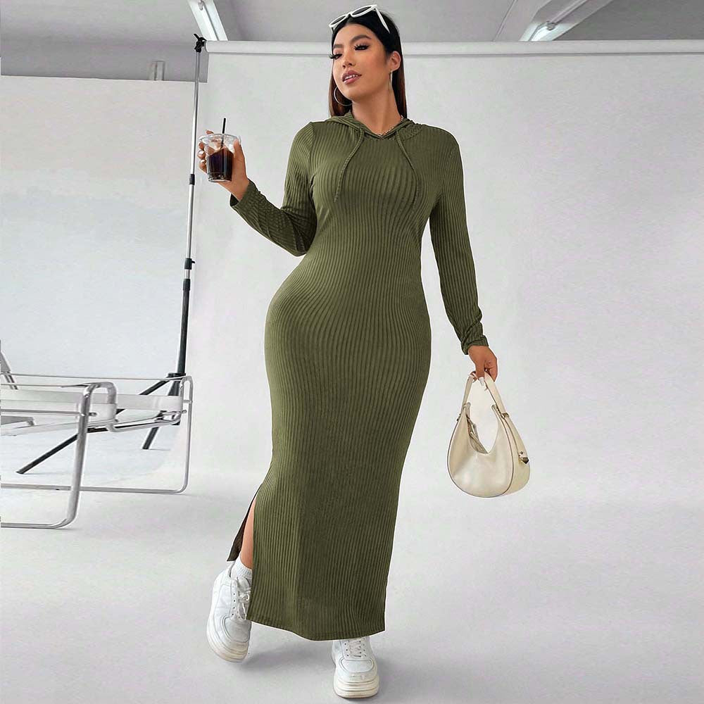 Plus Size Women Clothing Hooded Dress Autumn Winter Simplicity Skinny Sheath Maxi Dress