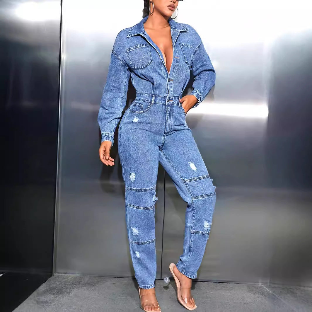 Women's Casual Office Slim Fit Ripped Denim Bodysuit