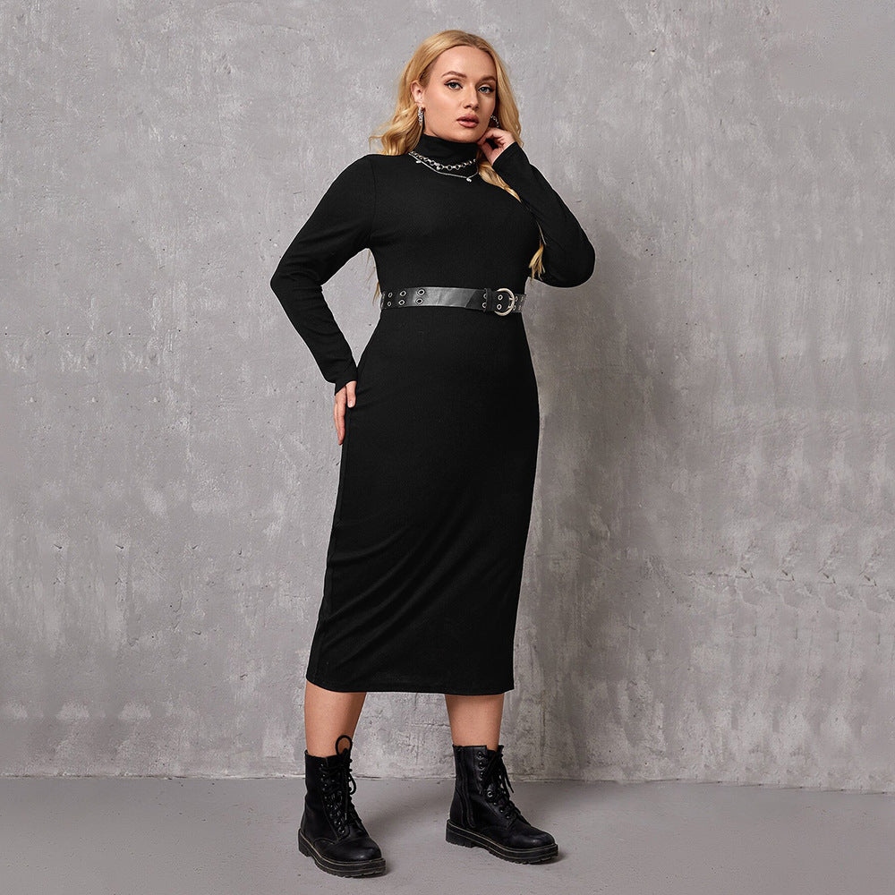 Plus Size Turtleneck Belted Mid Length Long Sleeve Dress