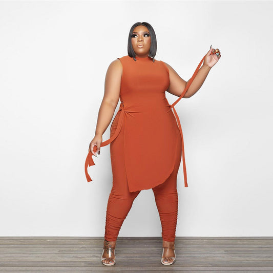 Plus Size Solid Color Tied Sleeveless Sexy Two-Piece Set